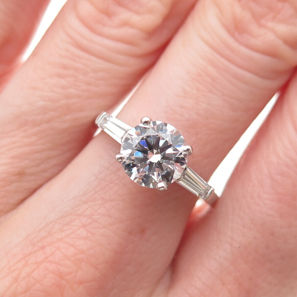 925 Sterling Silver Round & Tapered Baguette-Cut C Z Engagement Ring Size 8